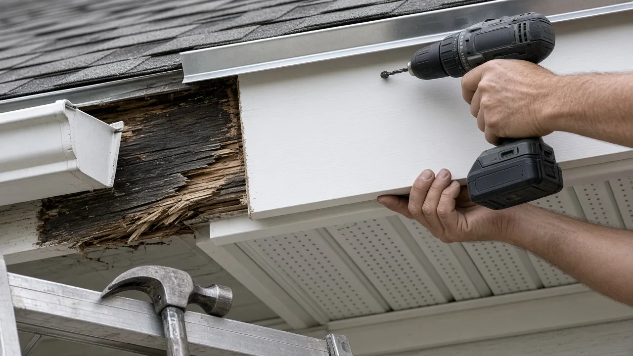 New fascia board replacing rotten wood under a drip edge