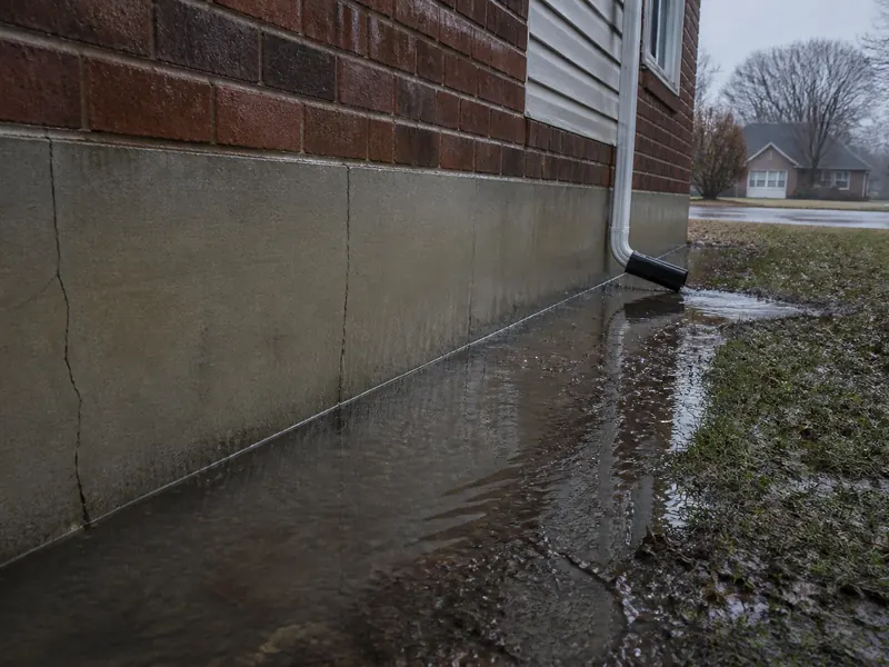 Rainwater pooling against a cracked residential foundation