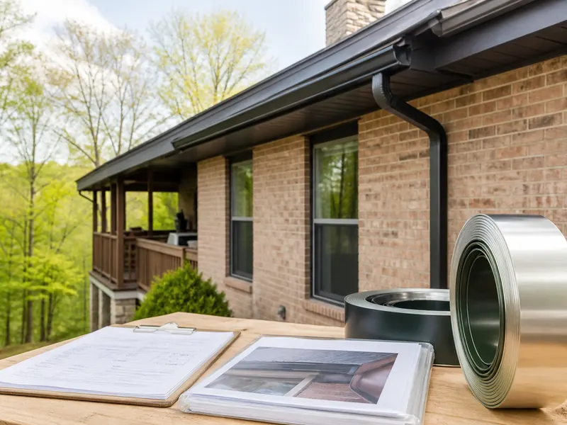 Written estimate and warranty packet beside a finished seamless gutter run
