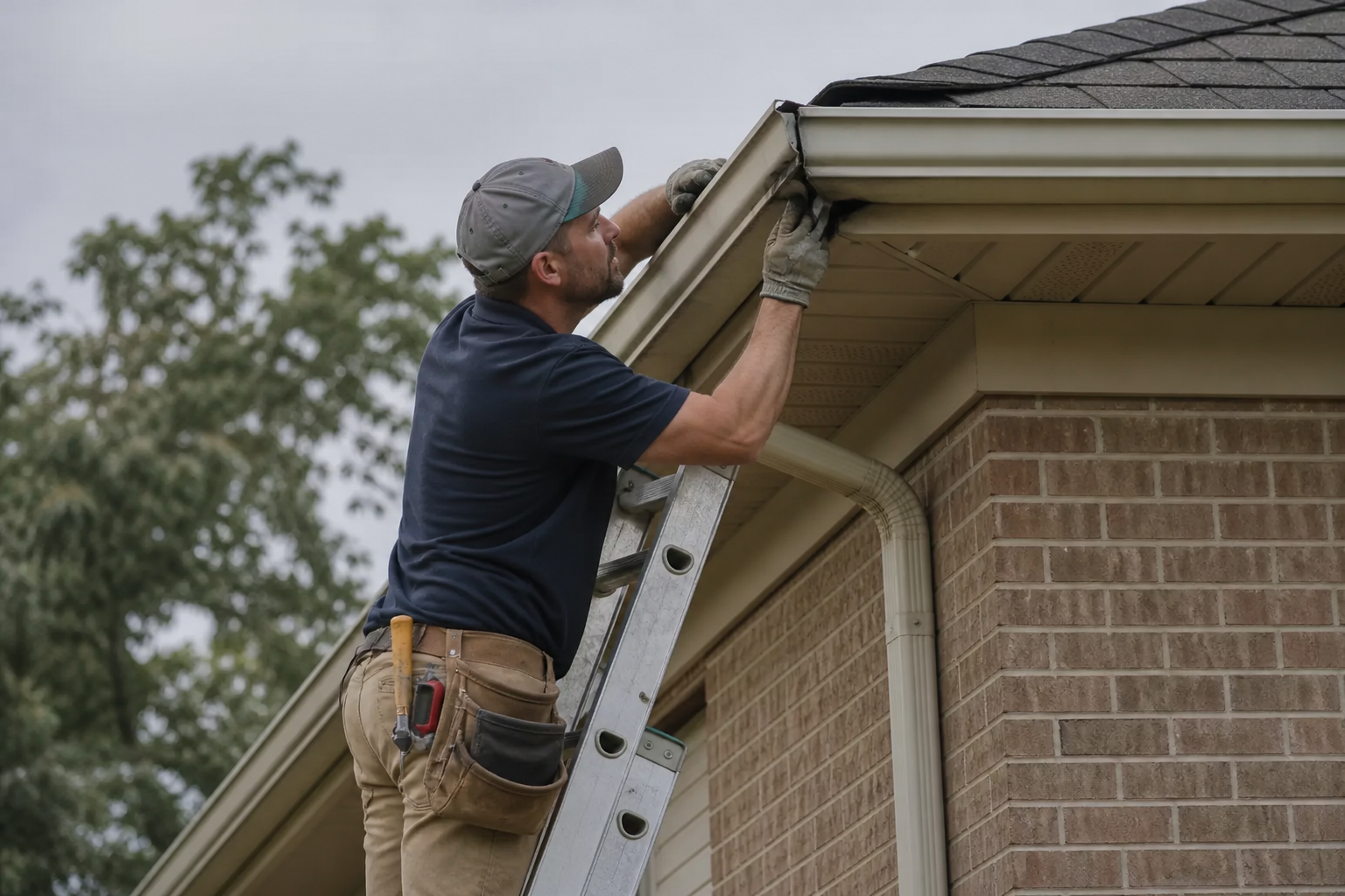 Technician re-hanging a sagging gutter corner