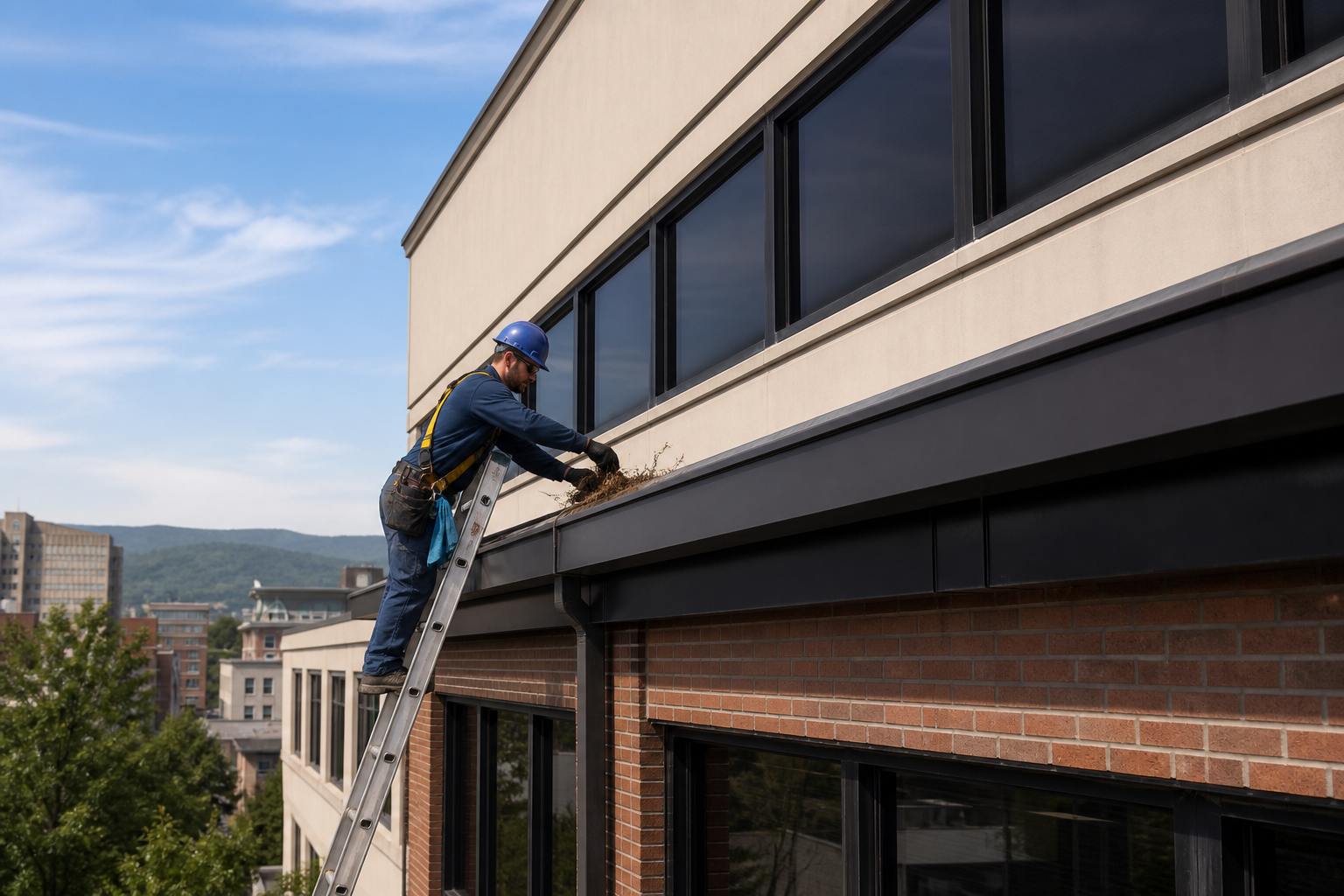 Commercial building gutter maintenance on a multi-story property in Chattanooga