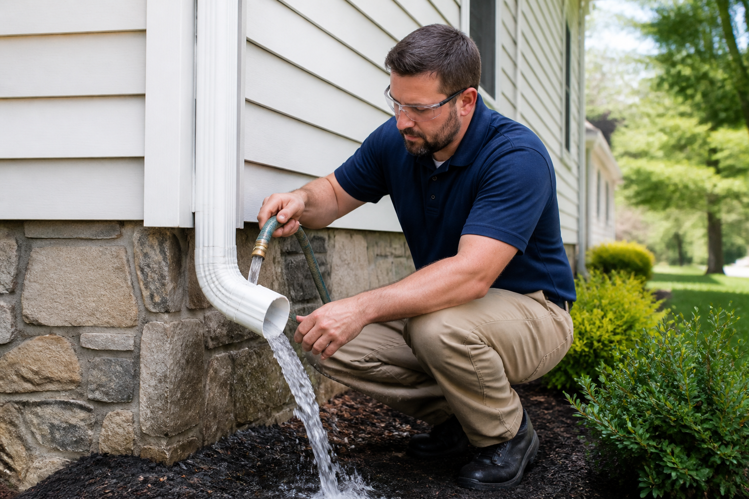 Technician testing water flow through a downspout during a flush service