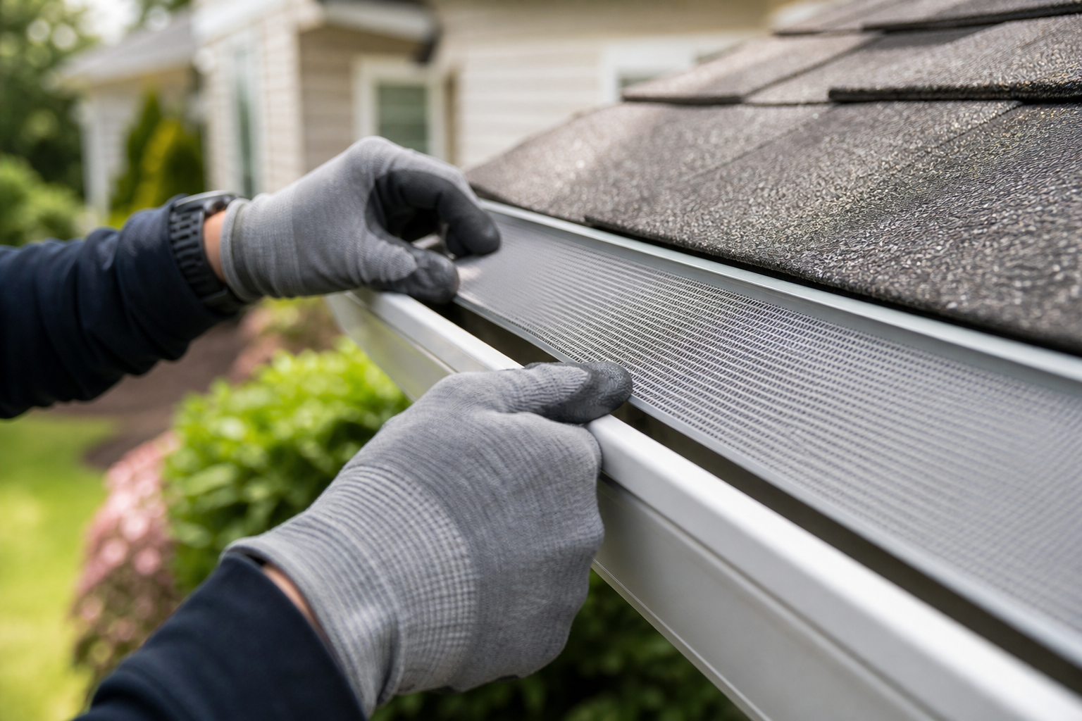 Close-up of micro-mesh gutter guard being installed on a Chattanooga home